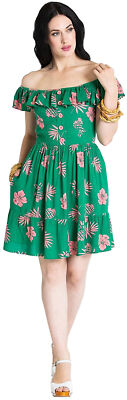 Hell Bunny PINEAPPLE Hibiskus Carmen MINI Swing KLEID Plus Size Grün Rockabilly