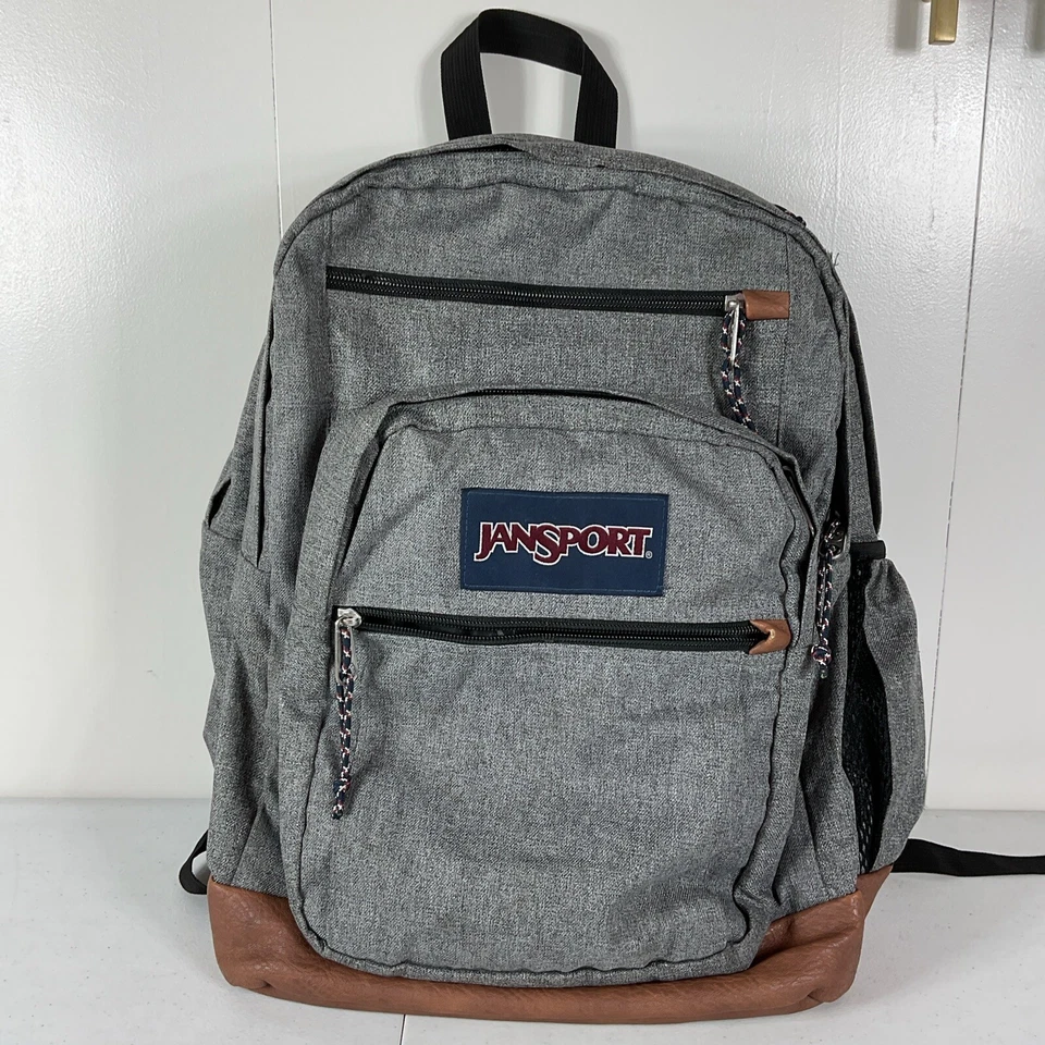 Mochila Estudiante Jansport Vintage Gris con Parte Inferior de Cuero Marrón 5 Bolsillos con Cremallera Y2K Foto 3 de 4