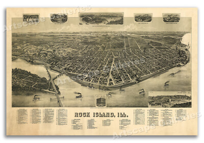 1889 Rock Island Illinois Vintage Old Panoramic City Map - 16x24