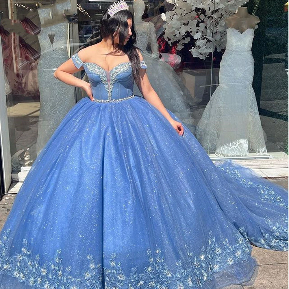 Blue off the top shoulder quinceanera dresses