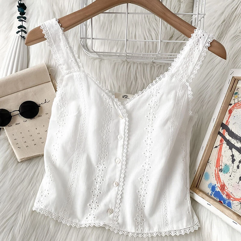 Women Vest Tank White Cotton Blend Lace Trim Sleeveless Crop Top T-shirt  Summer