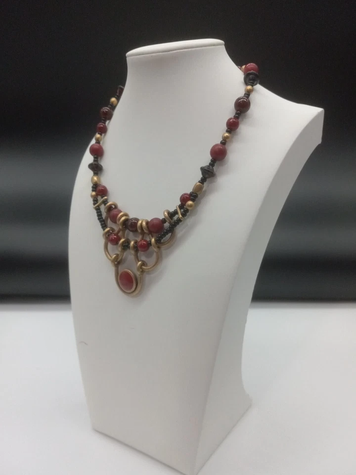 Chico's Brass Tone Black And Red Berries Beaded And Enamel Statement Necklace - Image 4 of 4