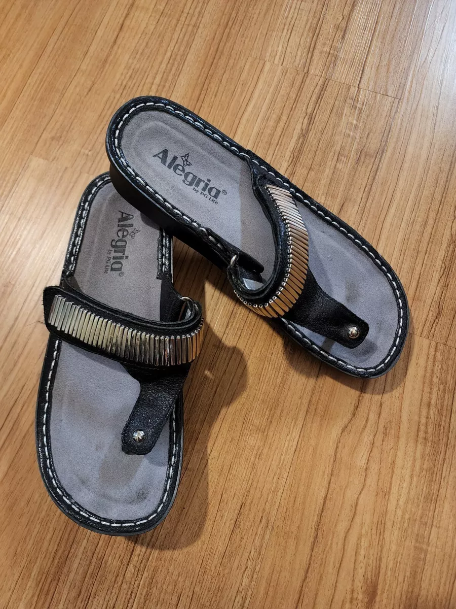 Alegria Sandals Shoes Thong Slip On Black Platform Womens Size 8 Leather
