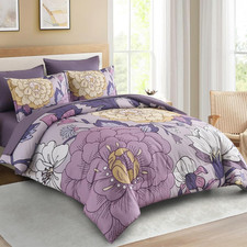 7 Piece Floral Comforter Set Queen Size Purple Bed in a Bag, Boho Botanical Comf