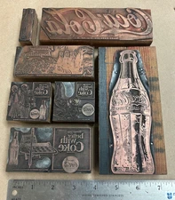 (7) Vintage Copper-Plated Letterpress Printing Cuts on Wood Blocks - Coca Cola