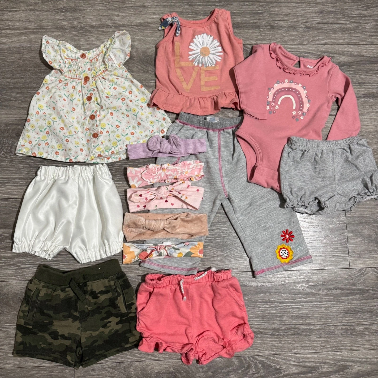 Baby Girl 12M Clothing Lot 12pc Carters Floral Rainbow Camo Head Band Shorts