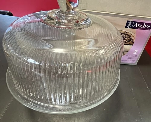 ANCHOR HOCKING Monaco Dome Ribbed 11” Cake Plate & Punch Bowl Set VTG