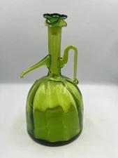 60S JOEL MYERS BLENKO MODERN GREEN DECANTER WITH STOPPER , DOES HAVE DAMAGE, SEE