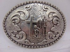 Vintage Belt Buckle Cowboy and Horse at Cross Praying Nocona Western Religious