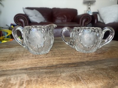 Vtg Crystal Sugar & Creamer EtchedFloral Leaf Design Sawtooth EdgeStar Bottom
