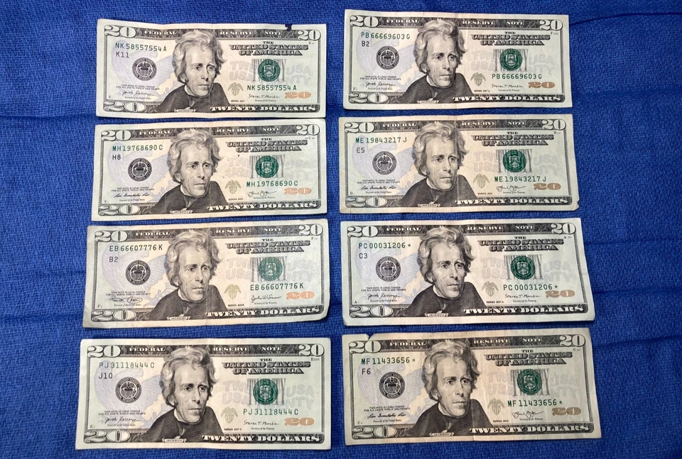 8 FANCY 20 DOLLAR BILL SERIAL NUMBER, LOW STAR NOTE 3-4-5,O A KIND BIRTHDAY YEAR - Image 2 of 4