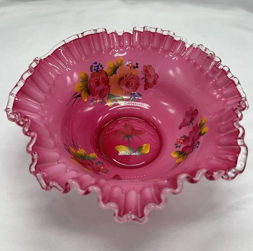 Pink Floral Fenton Silver Crest Brides Basket Milk Glass Bowl Ruffled Edge VTG