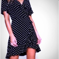 Eliza J Navy Polka Dot Deep V Chiffon Ruffle Dress