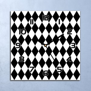 Wanduhr Echt-Glas-Küchenuhr Schwarz-weiße Rauten Quarz 30x30 Deko