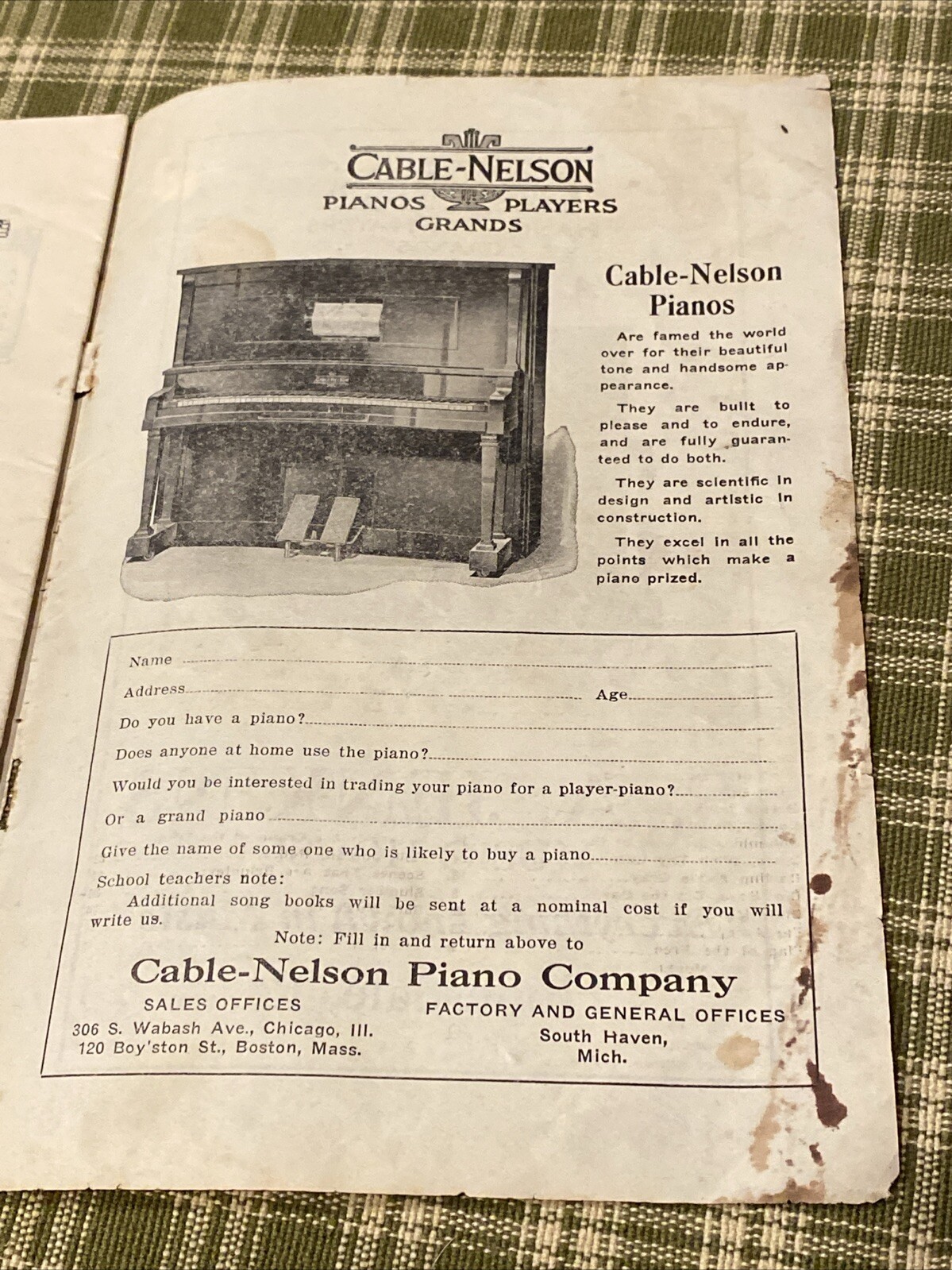 Antique 1908 Cable Nelson Piano Co FA Jenkins Honesdale Sheet Music Advertising