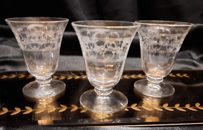 3 Antique/Vintage Optic Footed Arabesque Needlepoint Etch Cordial Glasses Set