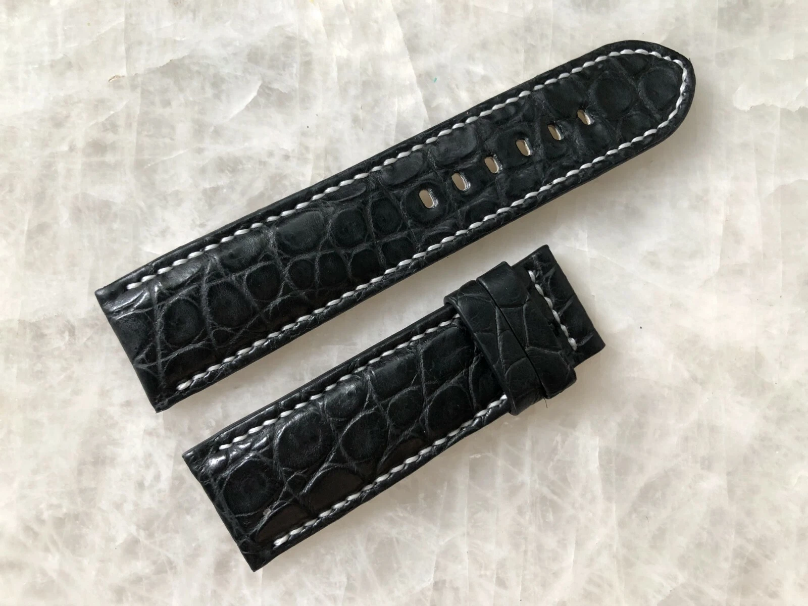 24mm/22mm Black Alligator Crocodile Embossed Leather Watch Strap Band