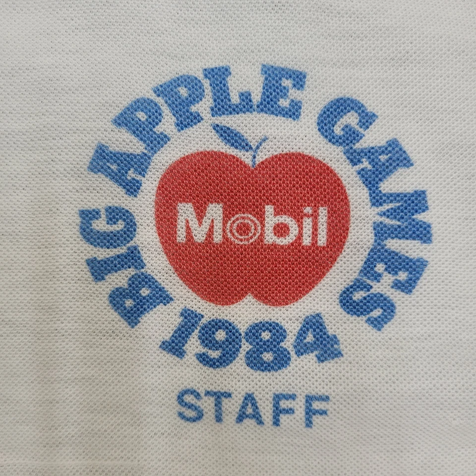 Vintage 1984 Big-Apple-Games Staff Polo Shirt M/L 21x24 White Cropped NYC - Image 4 of 4