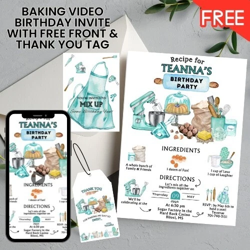 Video de 2 temas de graduación/cumpleaños Baking Chef invitación frontal gratuito y etiqueta de agradecimiento Foto 4 de 4