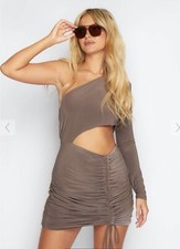 *NEW* Grey Mocha Slinky Ruched Cut Out Bodycon Dress