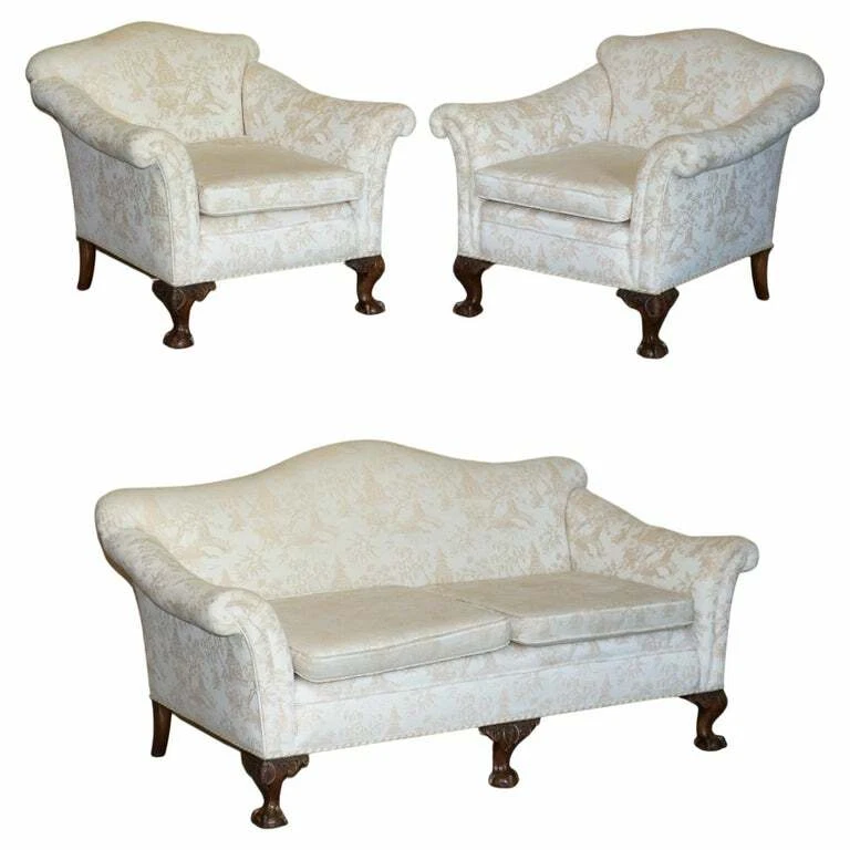 ANTIQUE VICTORIAN SOFA & ARMCHAIR SUITE CHINOISERIE UPHOLSTERY CLAW & BALL FEET