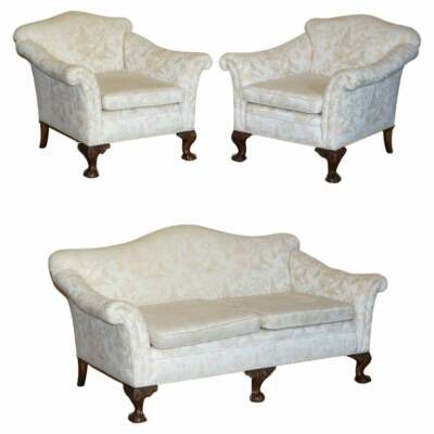 ANTIKES VIKTORIANISCHES SOFA & SESSEL SUITE CHINOISERIE POLSTERKRALLE & KUGELFÜSSE