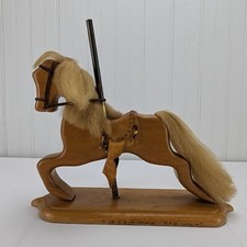 Vintage Hand Carved Wooden Carousel Horse Wood Base Brass Pole Folk Art Decor 1