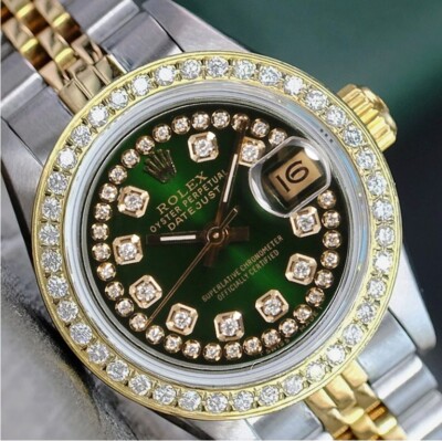Rolex Datejust Ladies Two-Tone Gold Steel Green String Diamond Dial &Bezel Watch