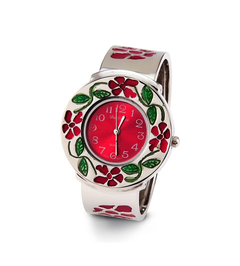 Ladies Red Silver Tone Flower Quartz Bracelet Watch-d2581silred