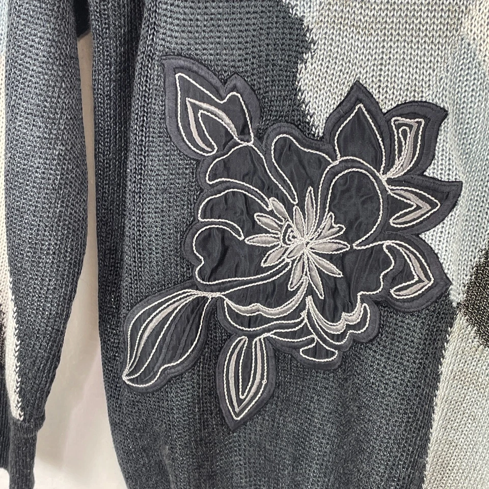 Suéter ESCADA By Margaretha Ley De Colección Talla 36 M L Apliques Florales Azul Gris Lino Foto 4 de 4