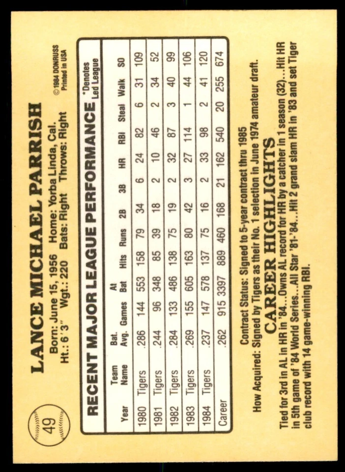 1985 Donruss Lance Parrish Baseball Cards #49 - Image 2 of 2