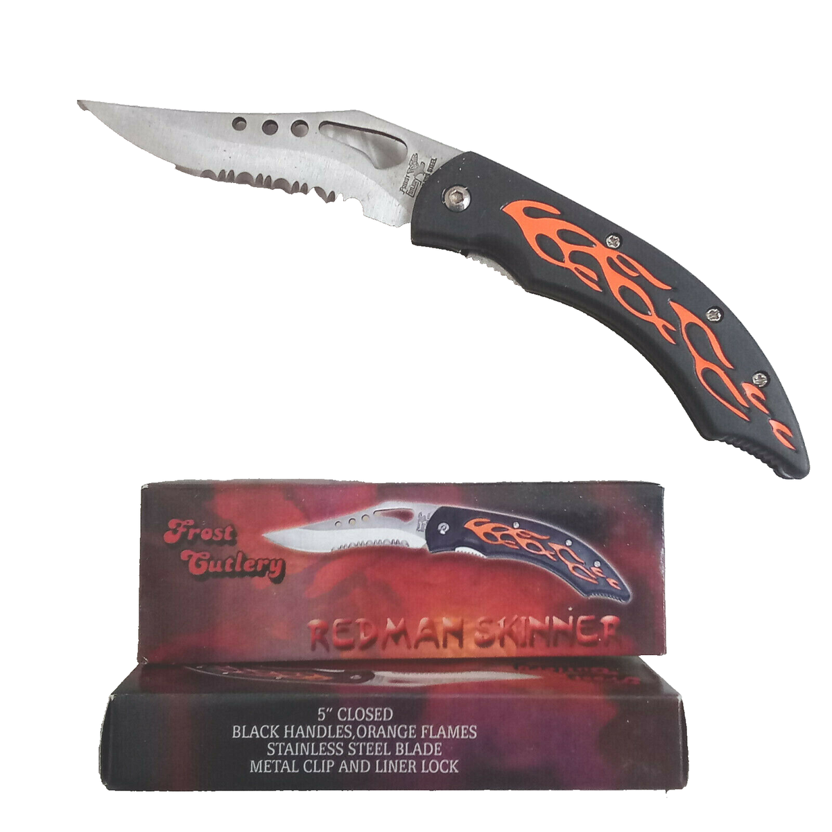 Folding Pocket Knife Stainless Steel Blade Orange Flames Black
