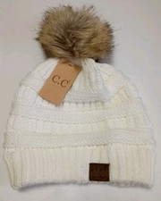 C.C Exclusives Women s Ivory Knit Beanie With Faux Fur Pom Pom, One Size
