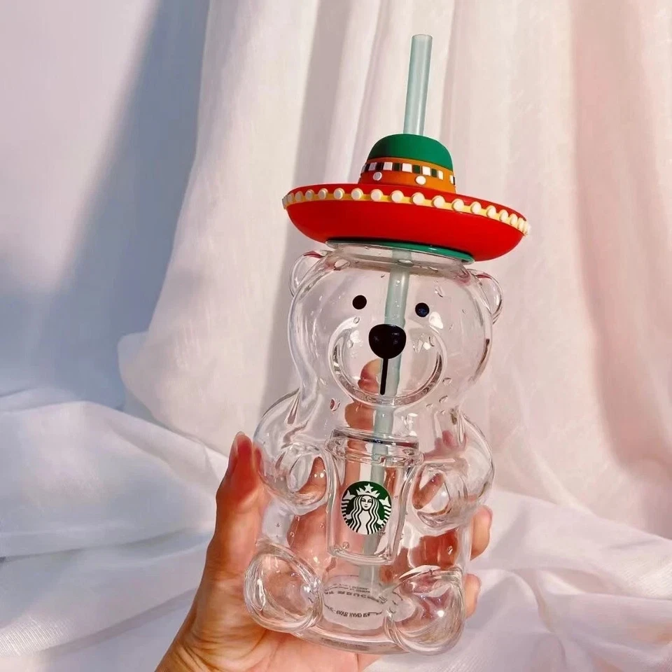 New Starbucks 2020 China Latin America Hat Bear 17oz Glass Cold Cup Tumbler - Image 4 of 4