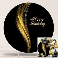 Black and Gold Happy Birthday Round Backdrop Cover 7.2ft Black Background for...