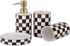 Ceramic Checkered Bathroom Accessory Set 4-Piece Kit W/ Soap Dispenser