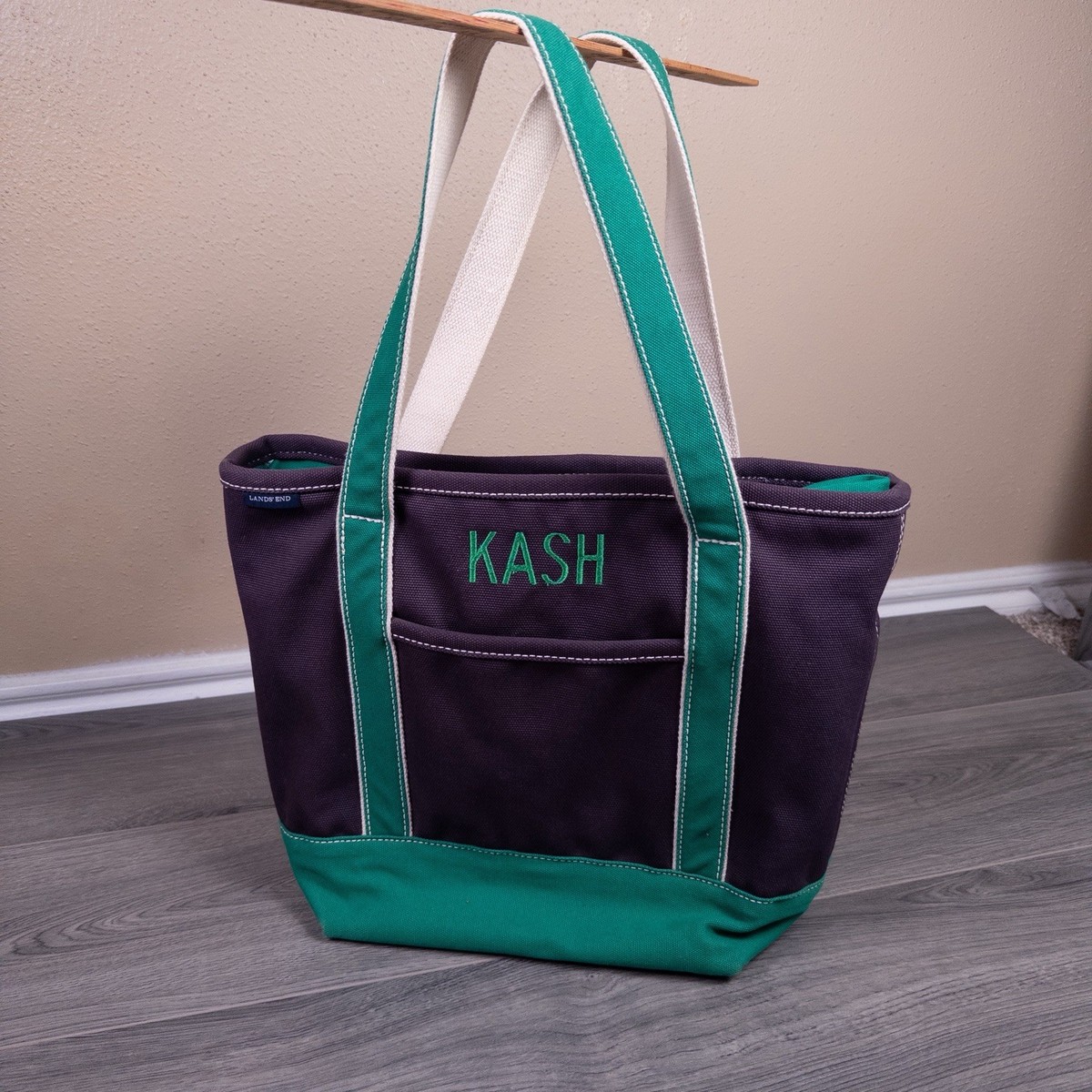 Lands End Medium Canvas Boat Tote Beach Travel Bag Blue Green