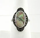 .925 Sterling Silver Abalone Ring w/ Marcasite Vintage Style Deco size 7 Rainbow