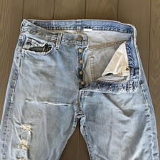 VTG Levis 501 Button Fly Jeans Mens 34x30 Light Blue Distressed Thrashed Denim
