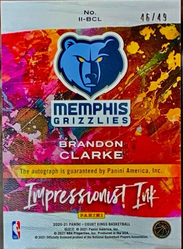 2020-21 Court Kings Impressionist Ink Ruby #20 Brandon Clarke Auto 46/49 - NM-MT - Picture 2 of 2