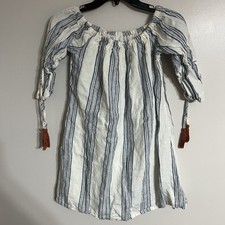 Altar'd State White Blue Striped 100% Linen Mini Dress Off Shoulder Size Small