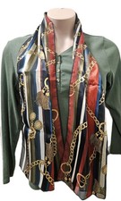 Vintage Equestrian Style Long Scarf Gold Chain Tassel Print Multi-Color 57"