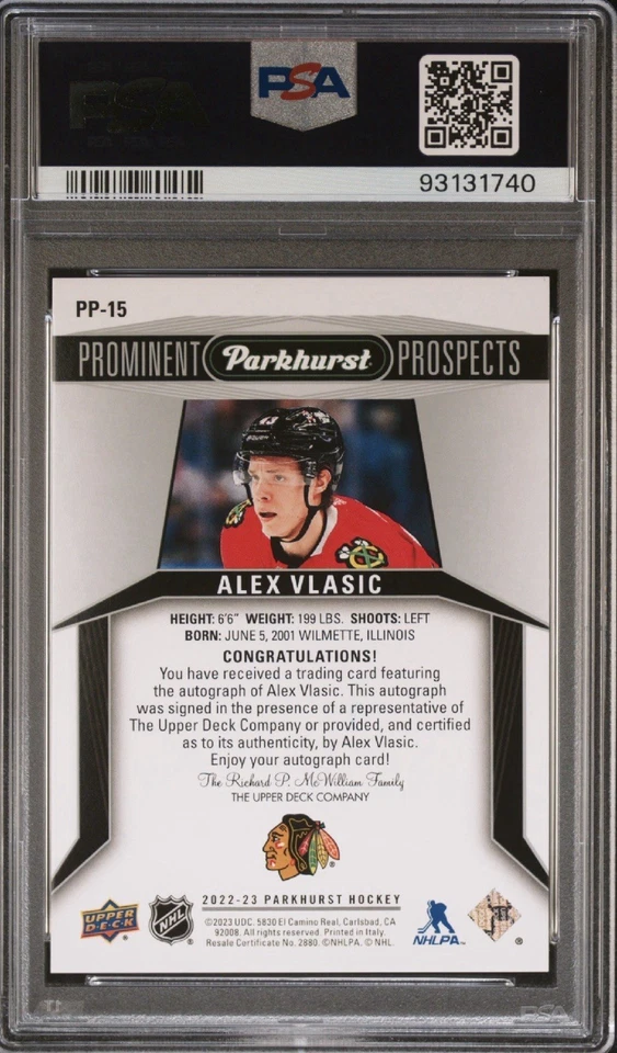 2022-23 UD Parkhurst Prominent Prospects Gold Alex Vlasic Rookie Auto RC Pop 1 - Image 2 of 2