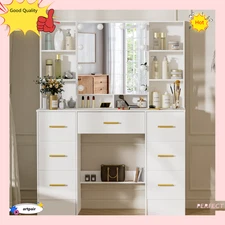 Large Vanity Table Set with 10 LED Bulbs Mirror & 7 Drawers Dressing Desk Set US