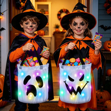 2PCSWhite LED Ghost Trick Or Treat Bags,Glowing Candy Bucket for Halloween Party