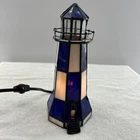 VTG 90’s Tiffany Style Blue Stained Glass Lighthouse Lamp Nautical Americana