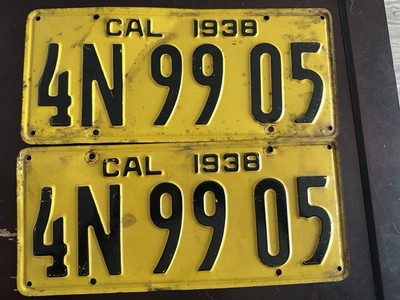 1938 CA license plates, black/yellow, DMV clear, great for YOM registration. 