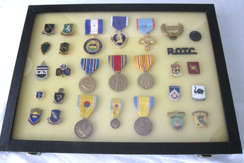 US Military WW2 Korean War See Photos of Awards Pins Badges Insignias Glass Case