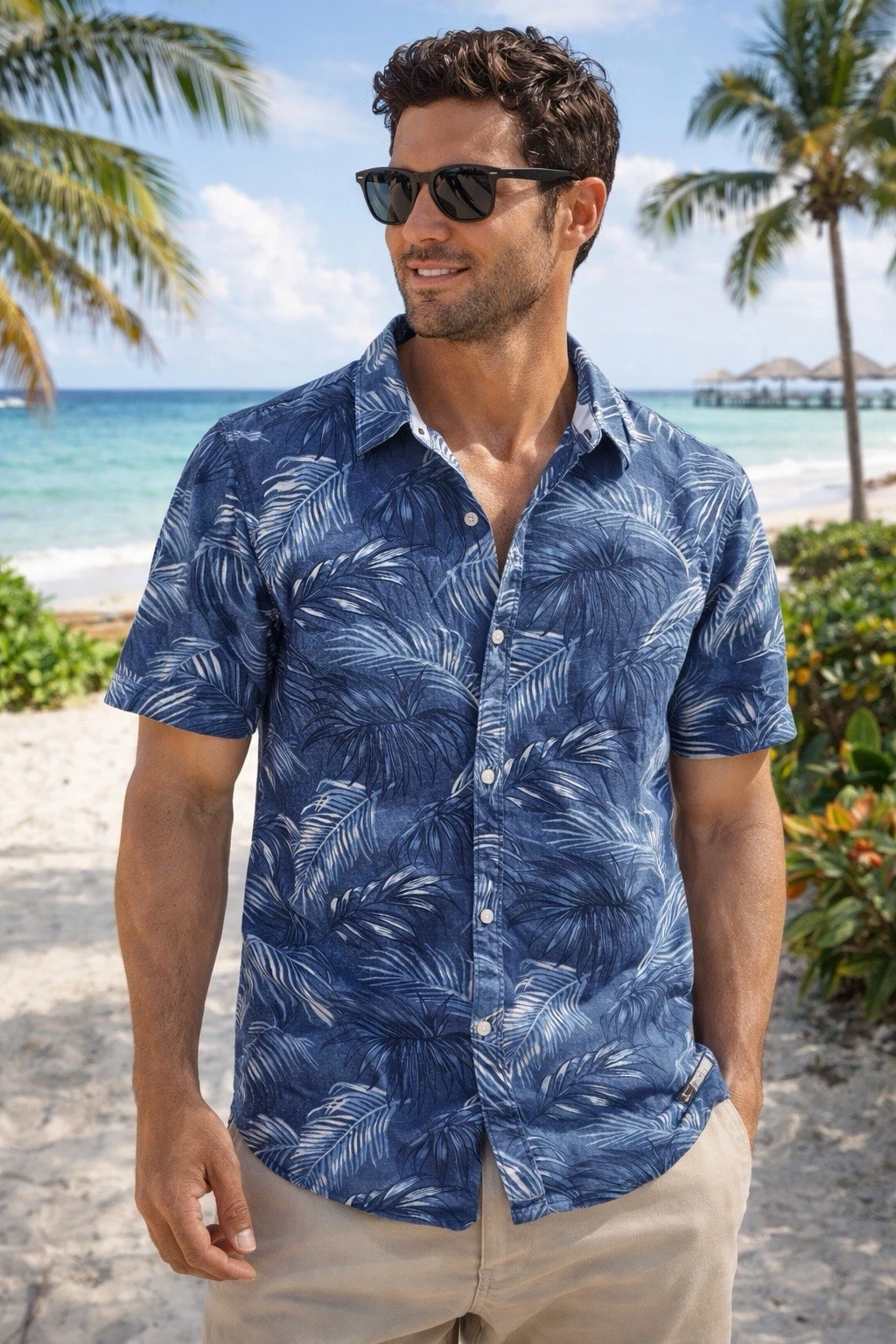 Original Penguin Shirt Men L Blue Palm Print 100% Cotton Tropical Beach Summer