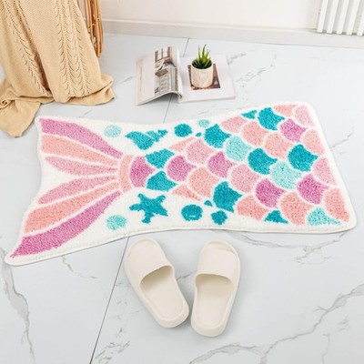 Cute Mermaid Bath Mat Funny Pink Ocean Fish Mermaid Scales Tail Shape Bath Ru...